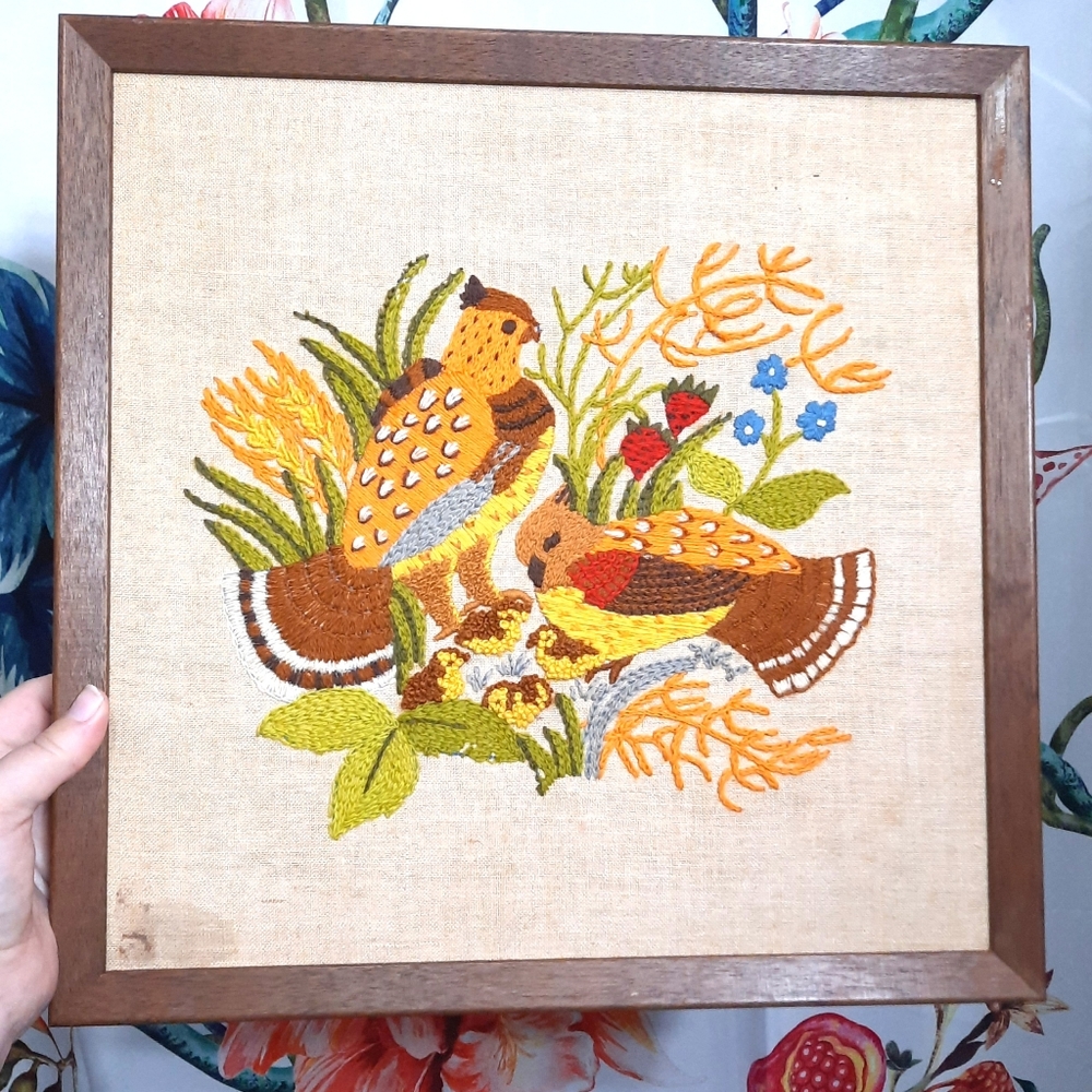~{Vintage}~ 60's/70's embroidered quail wall plaque.